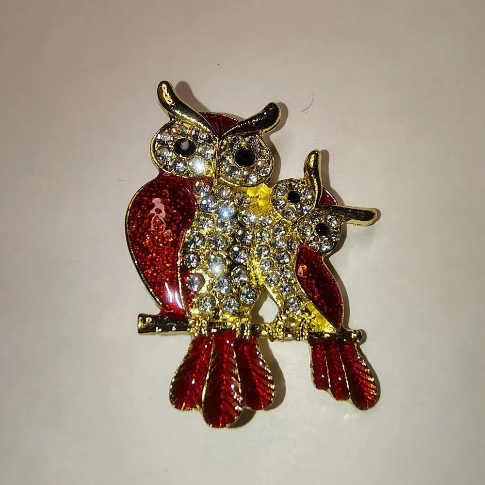 Rhinestone Owl Brooch –‎ Red Enamel Double Owl Pin
